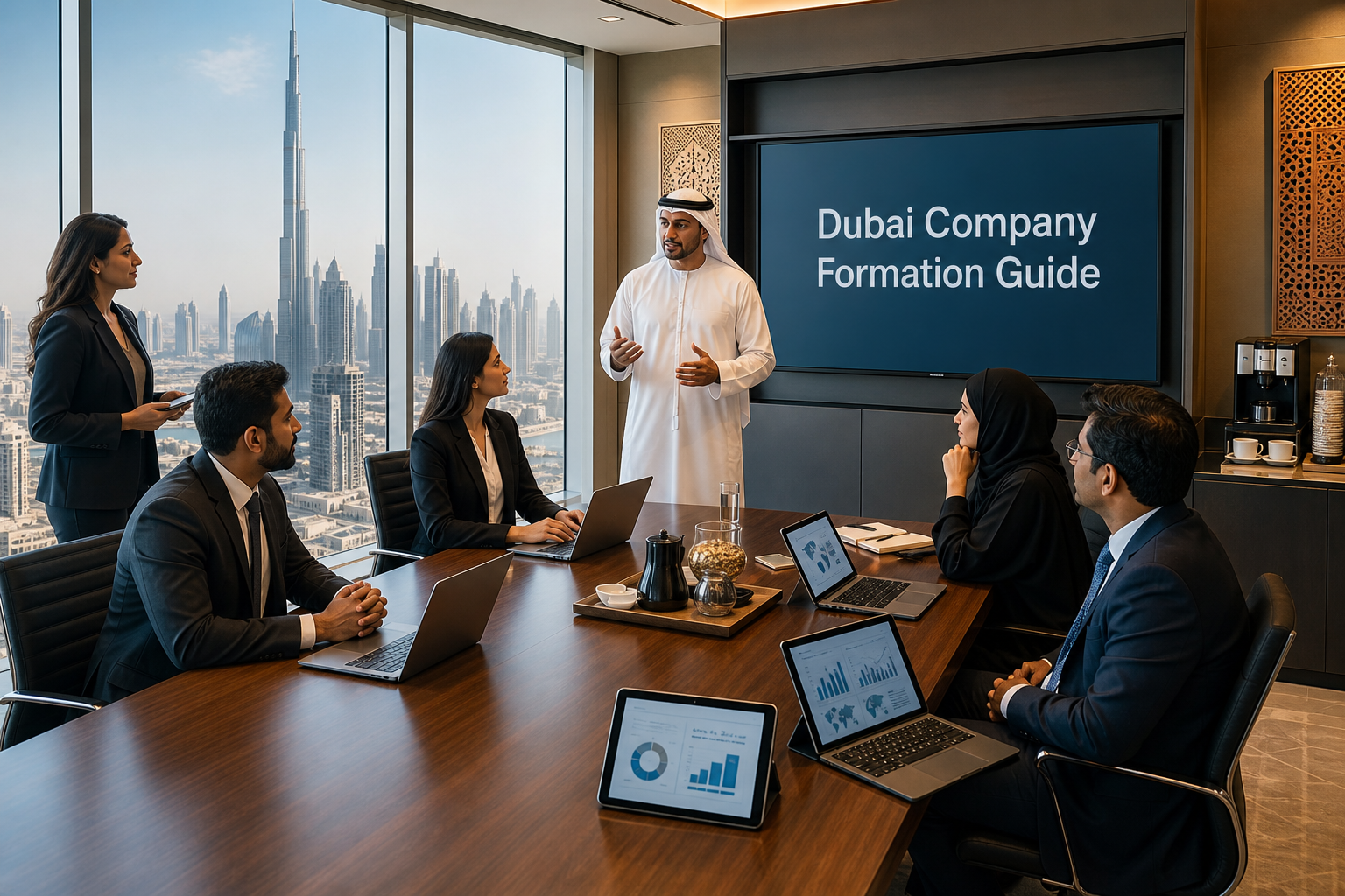 Ashlik business consultants explaining Dubai company formation paperwork and structural options to international corporate investors