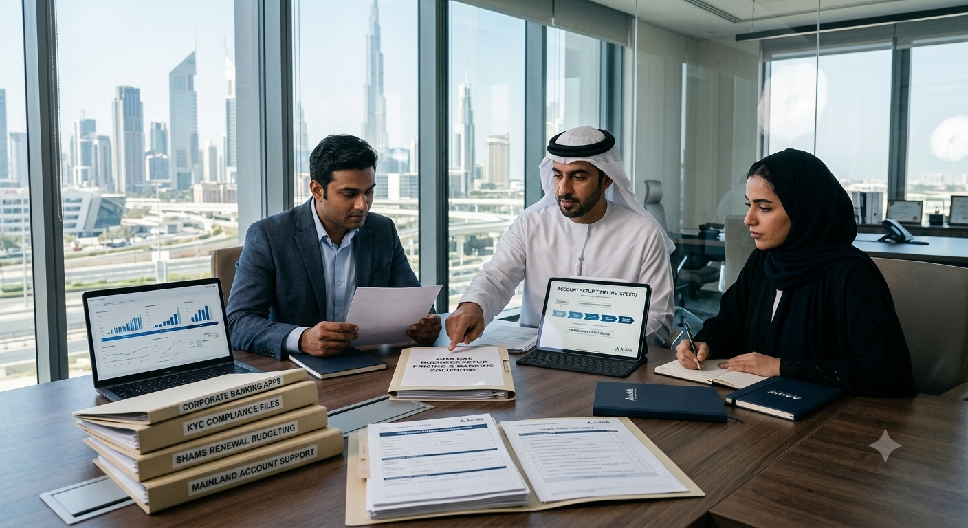 Ashlik corporate advisors explaining banking compliance guidelines, KYC requirements, and transparent setup fees to an international business owner in Dubai.