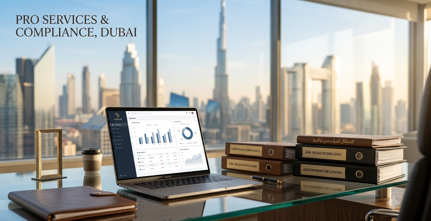 مكتب شركات حديث في دبي يطل على أفق برج خليفة، يضم جهاز كمبيوتر محمول يعرض رسومًا بيانية وملفات تنظيمية حول الامتثال المؤسسي، مكافحة غسل الأموال، وخدمات البرو للشركات.