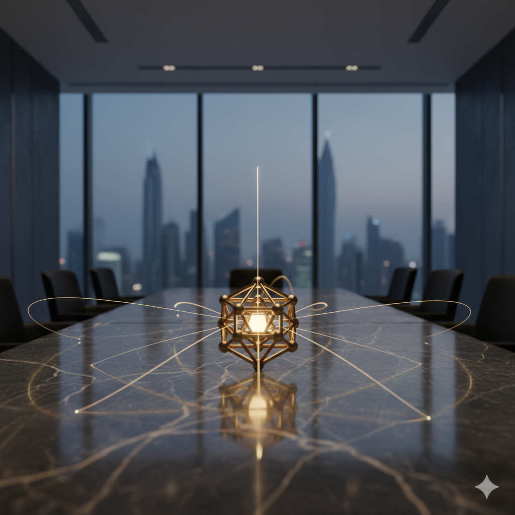 Luxury boardroom with golden hub symbolizing strategic market access for Dubai Mainland LLC